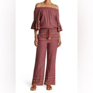 RAGA Avah Paisley Wine Front Pockets Off the Shoulder Jumpsuit Size‎ XS NWT